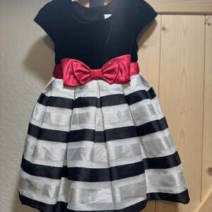 Jona Michelle Girls Black Velvet Red Bow Striped Party Dress